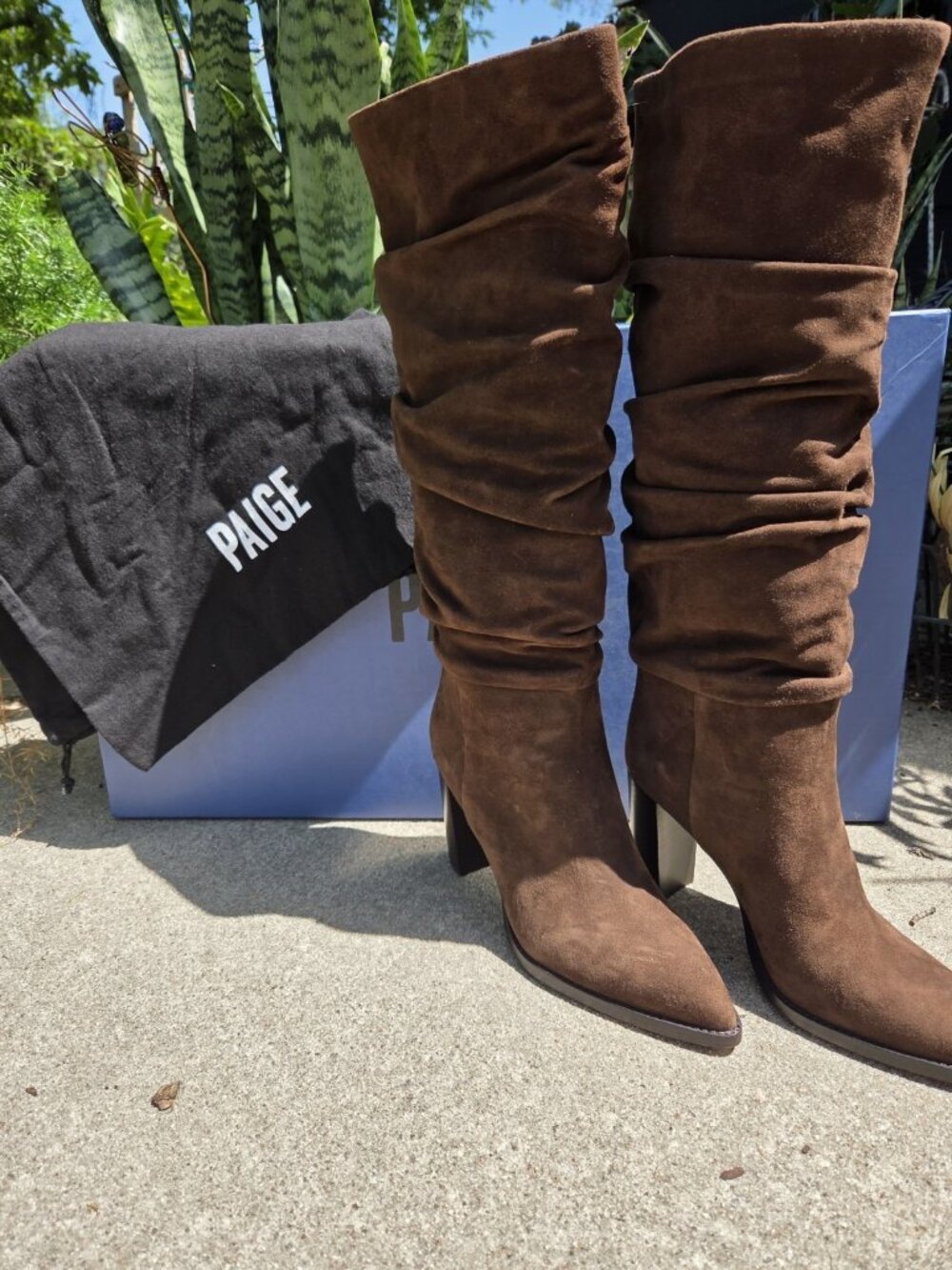 New Paige Women's Shiloh Chocolate Suede Slouch High Heeled Boots Sz 8.5 Pull On